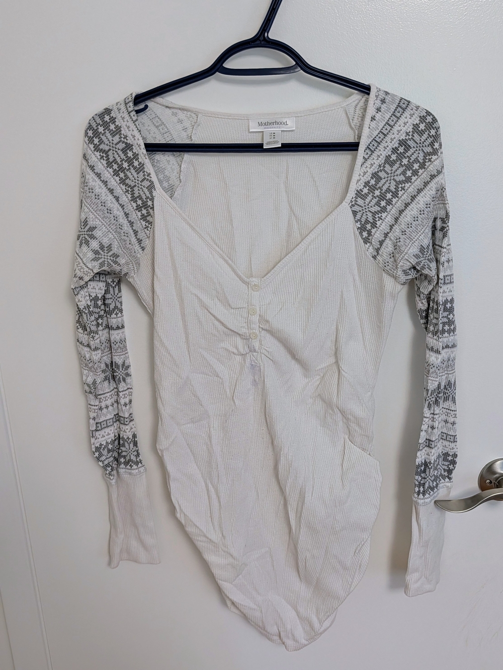 Motherhood Maternity Cream Ribbed Henley Bodysuit with Gray Fair Isle Sleeves